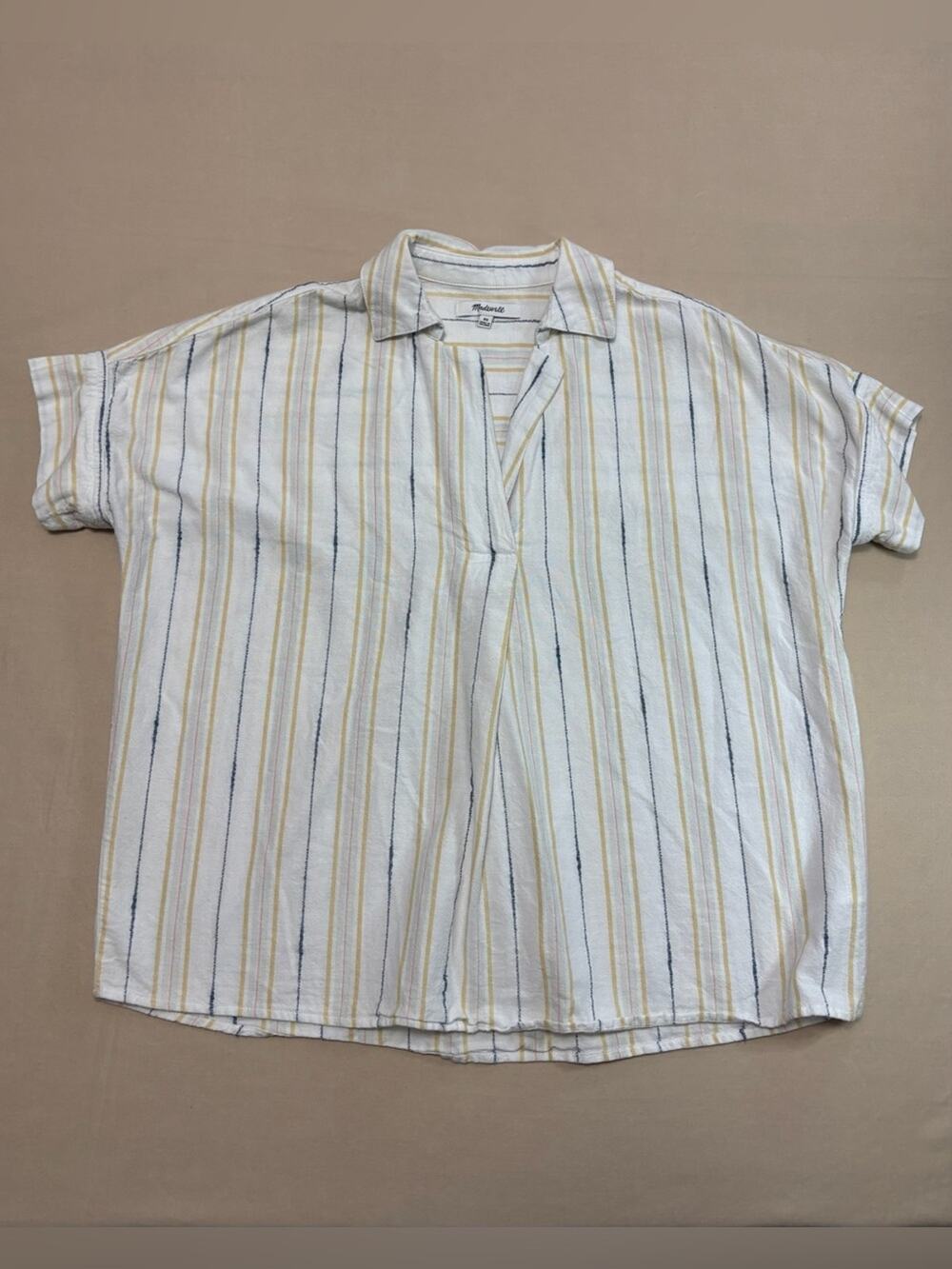 Madewell Women’s White Short-Sleeve Collared Shirt Yellow and Navy Stripes XS